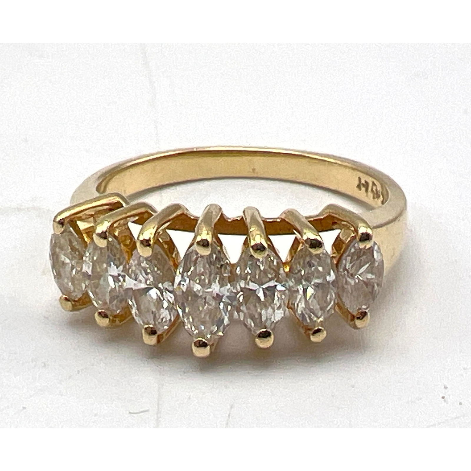 14K Gold Ladies Diamond Ring. 7 Graduated Marquise Diamonds in Yellow Gold Setting. Unmarked; Tests (1 of 6)