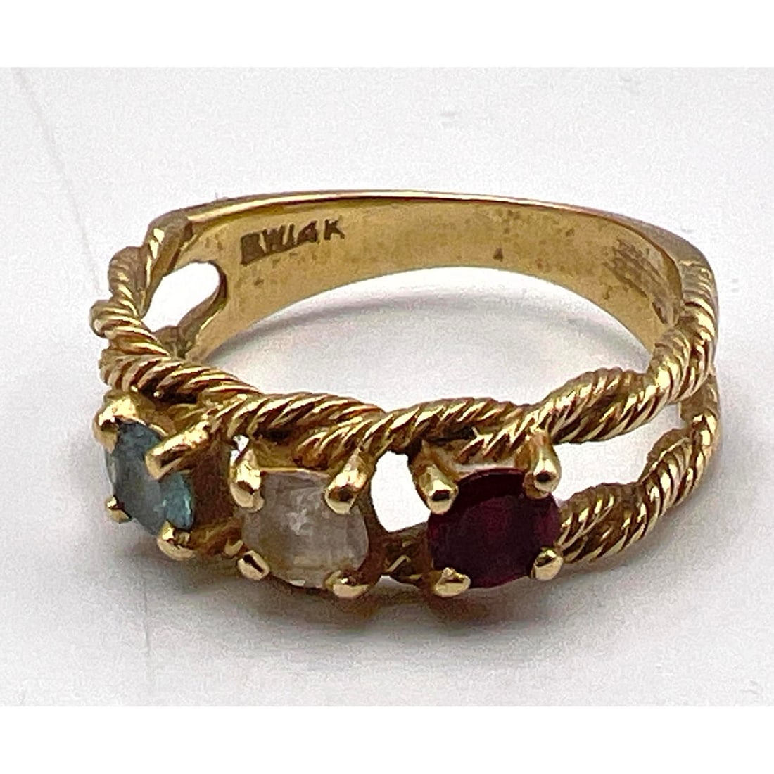 14K Gold Red, White, Blue Stone Ring. Ladies Ring Size 6.5. Marked 14K. (1 of 6)