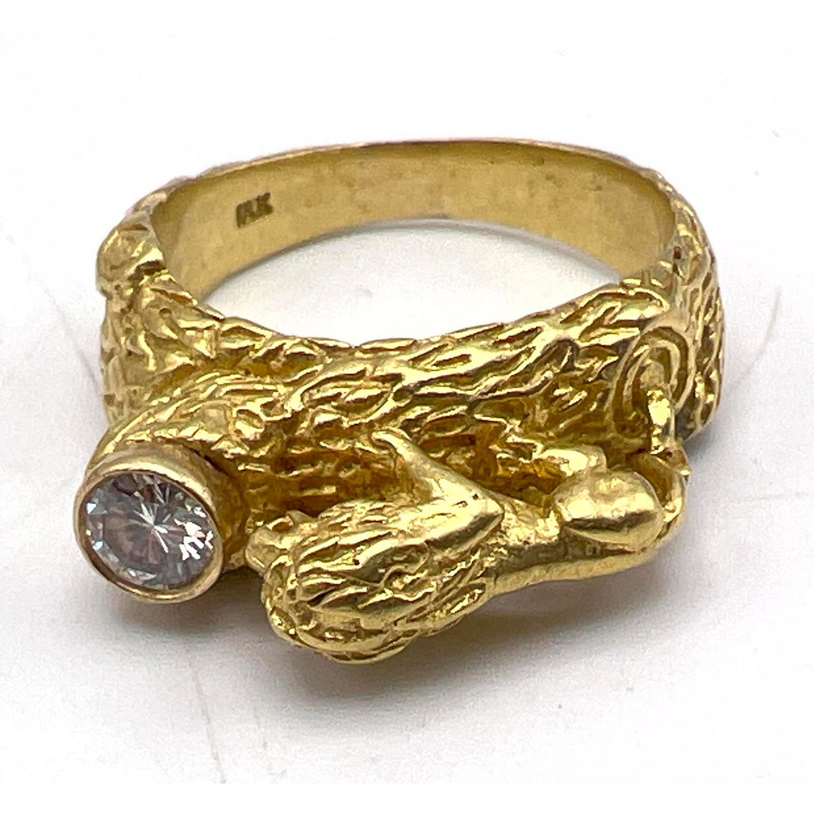 18K Gold Figural Lion Ring. Small Diamond. Tree Trunk Designed Shank. Marked 18K. Size 8. (1 of 14)