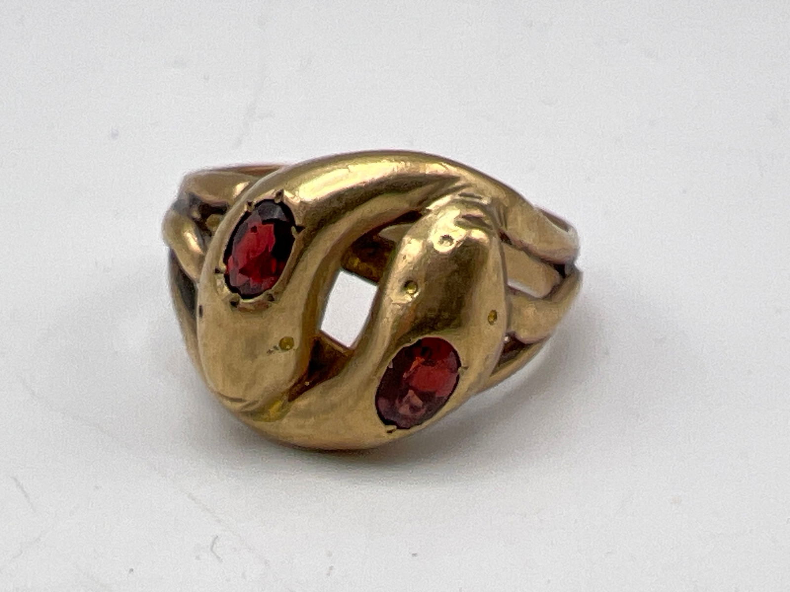9K Gold Double Snake Head Ring. Vintage. Two Garnets in heads. Size 10. Marked JHW 9; 375 and more. (1 of 6)