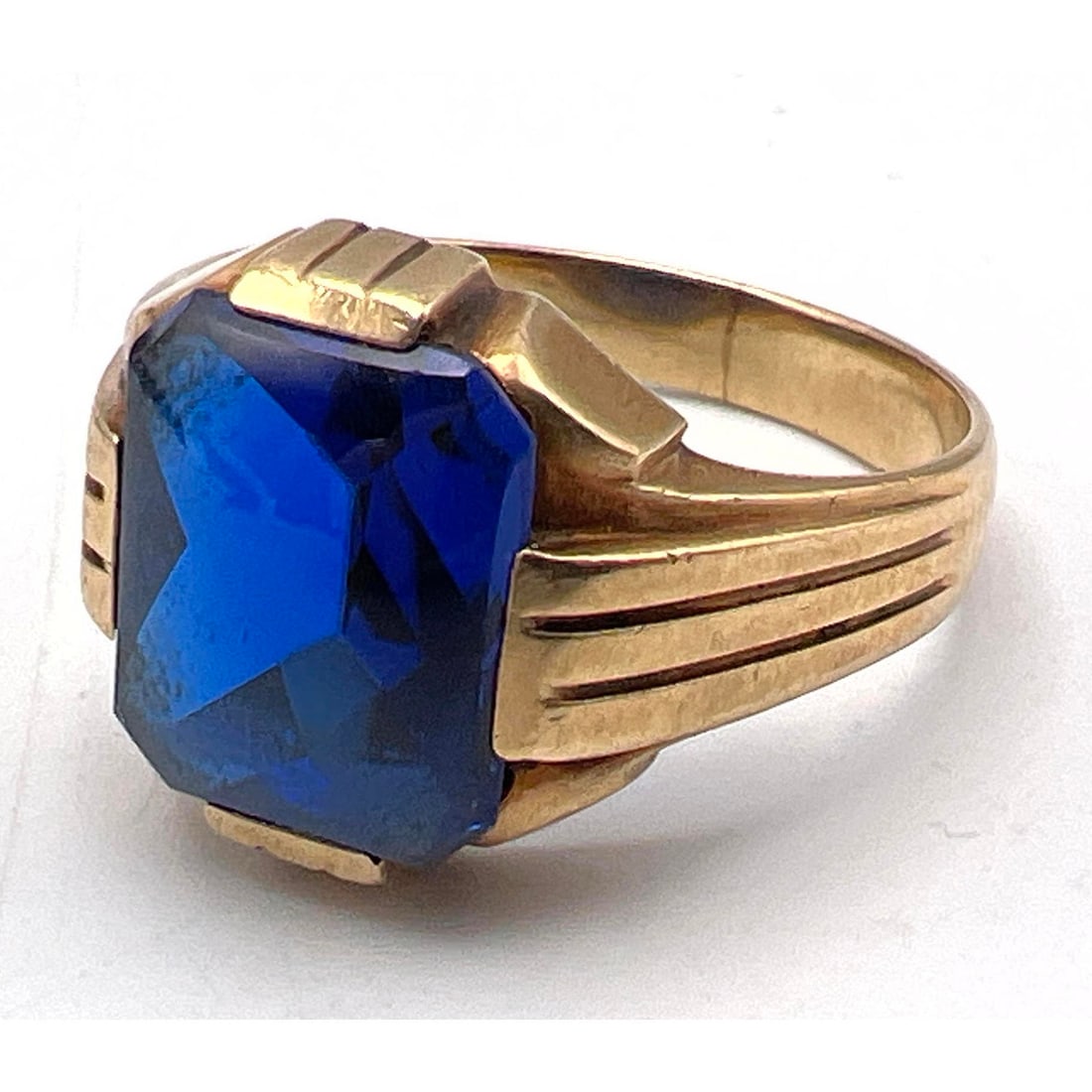 10K Gold Blue Glass Art Deco Men's Ring. Size 10.5. (1 of 6)