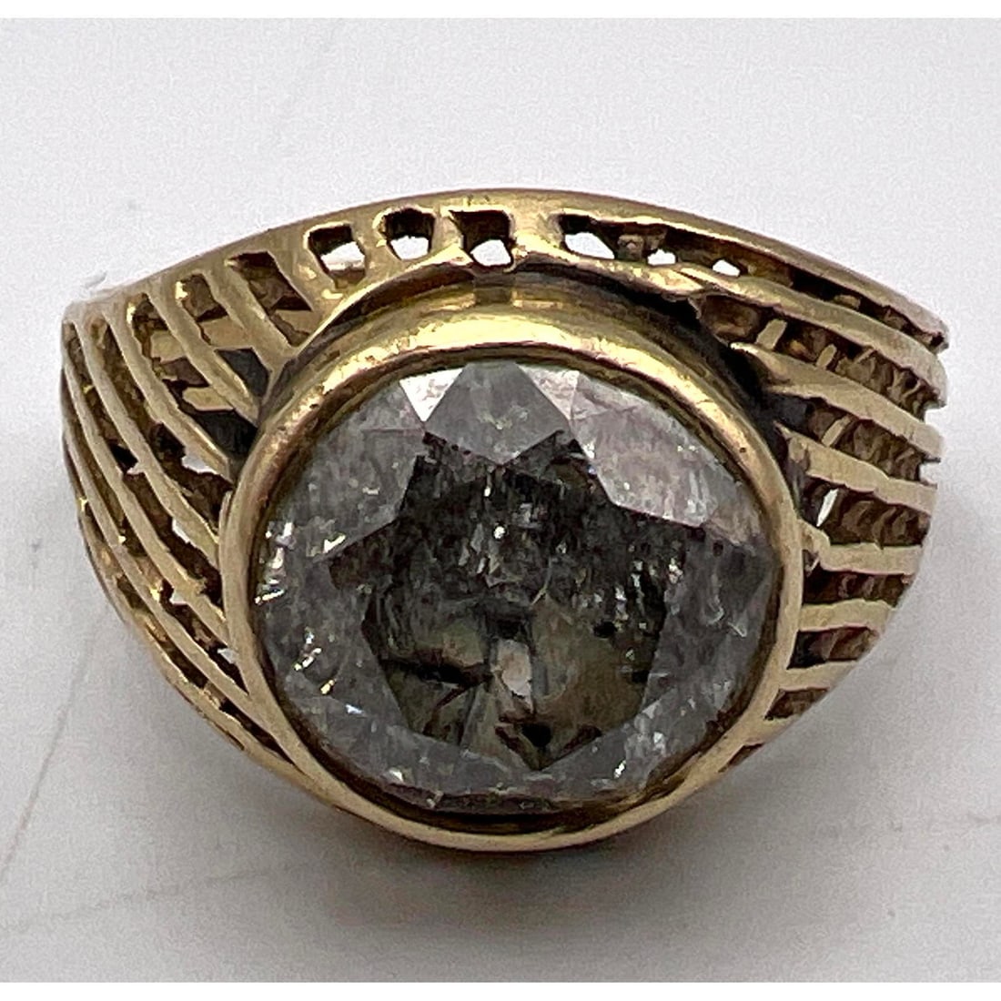 14K Gold Diamond Ring. Large Approx 2.5 Carat Diamond. Cross Hatch Angled Yellow Gold Mount. Marked (1 of 8)