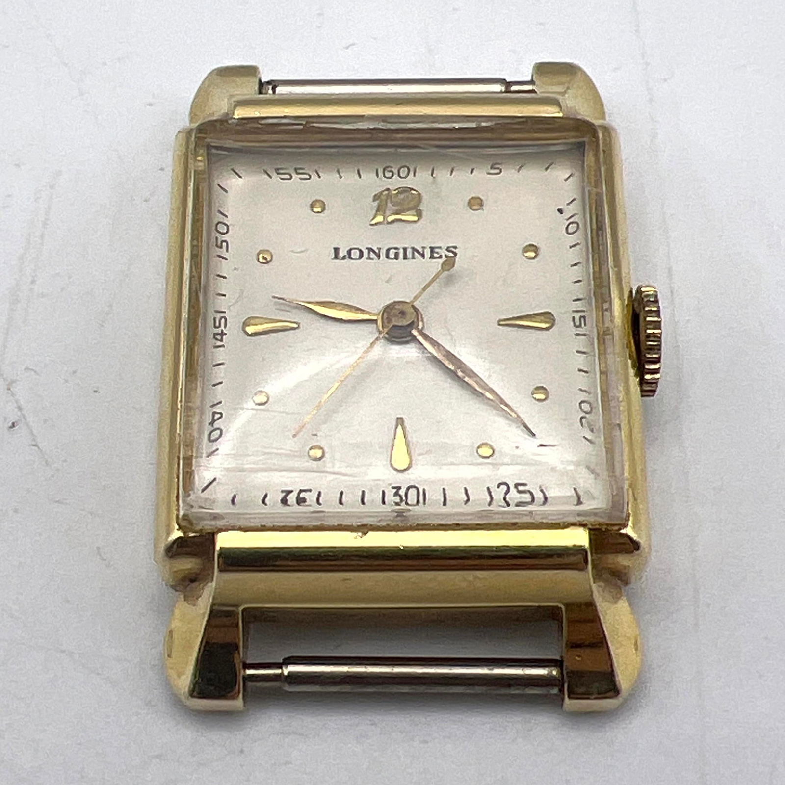 14k Gold Longines Mens Watch Face. Rectangular Frame. Sweeping Second