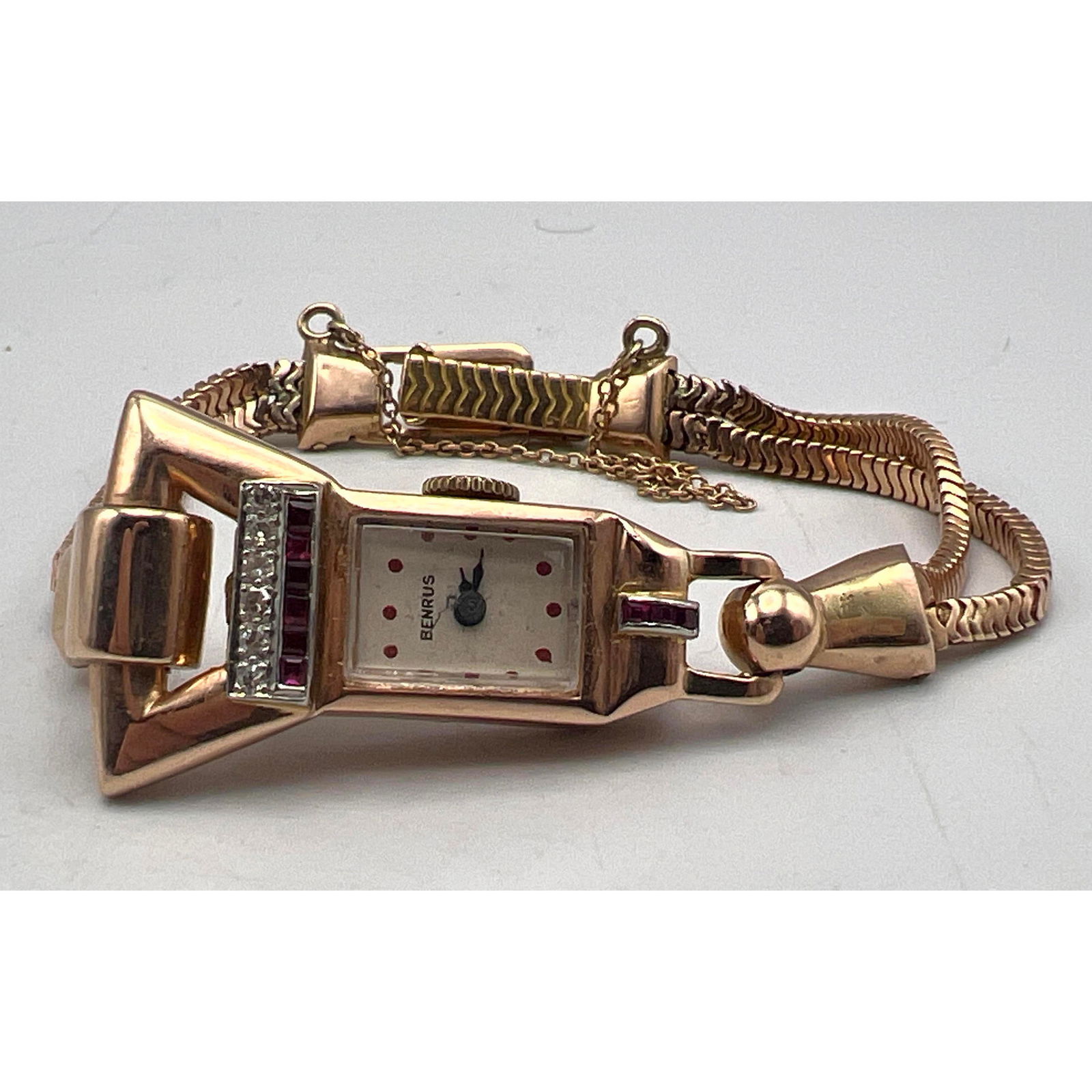 Stylish 1940's Vintage 14K Rose Gold Ladies Watch. BENRUS. Art Deco styling with diamonds and rubies (1 of 7)