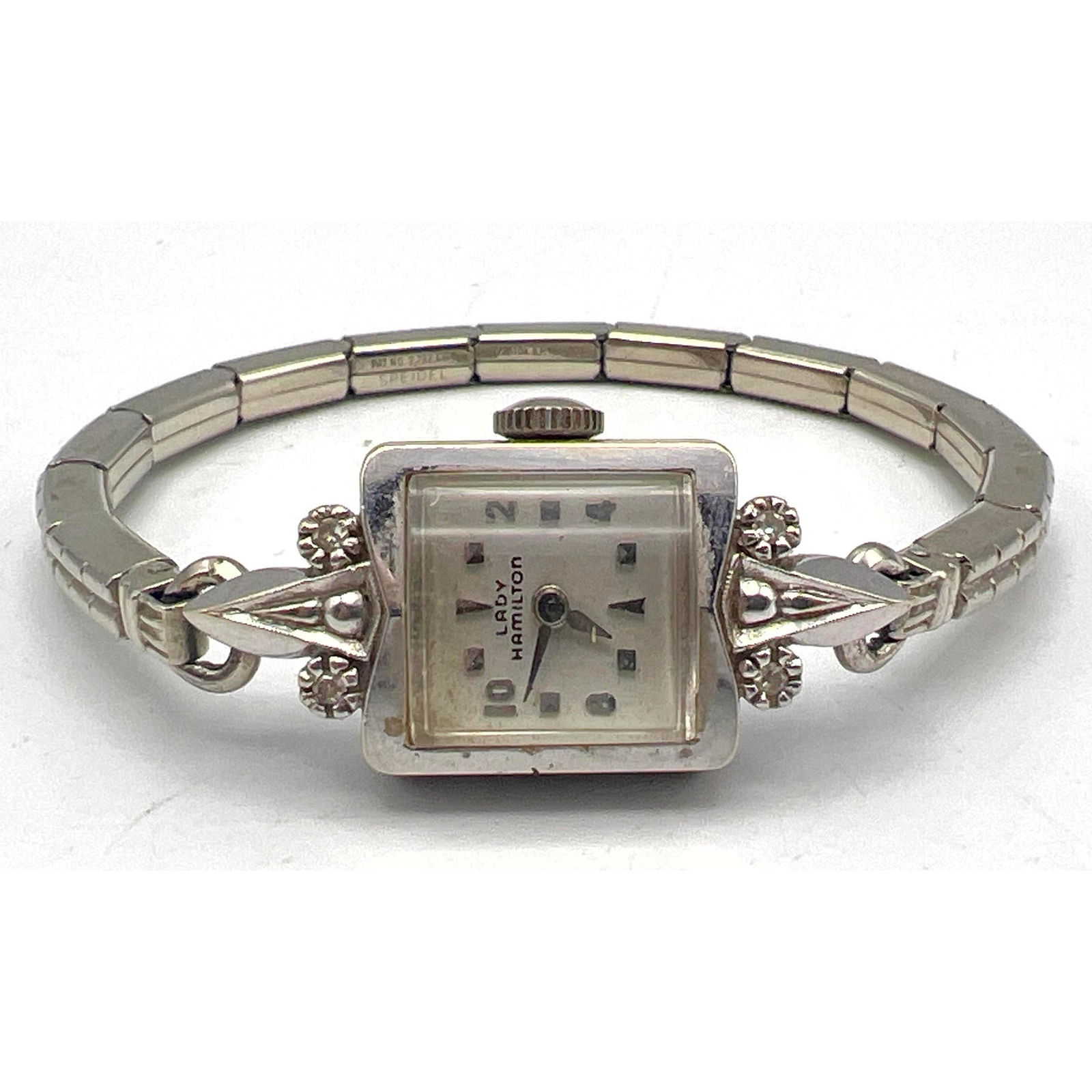 14K White Gold LADY HAMILTON Watch. Vintage. Rectangular Face with Bowed Crystal. Small diamond acce (1 of 6)