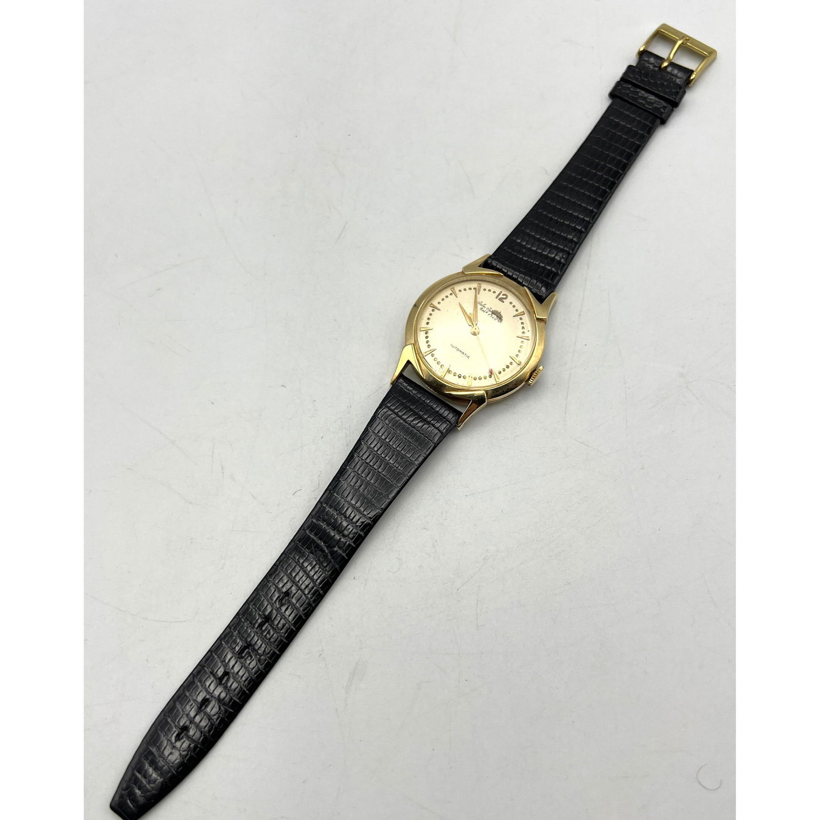 14K Gold JULES JURGENSEN Vintage Watch. 14K YG Case on Real Lizard Black Band. Marked. Weight includ (1 of 10)