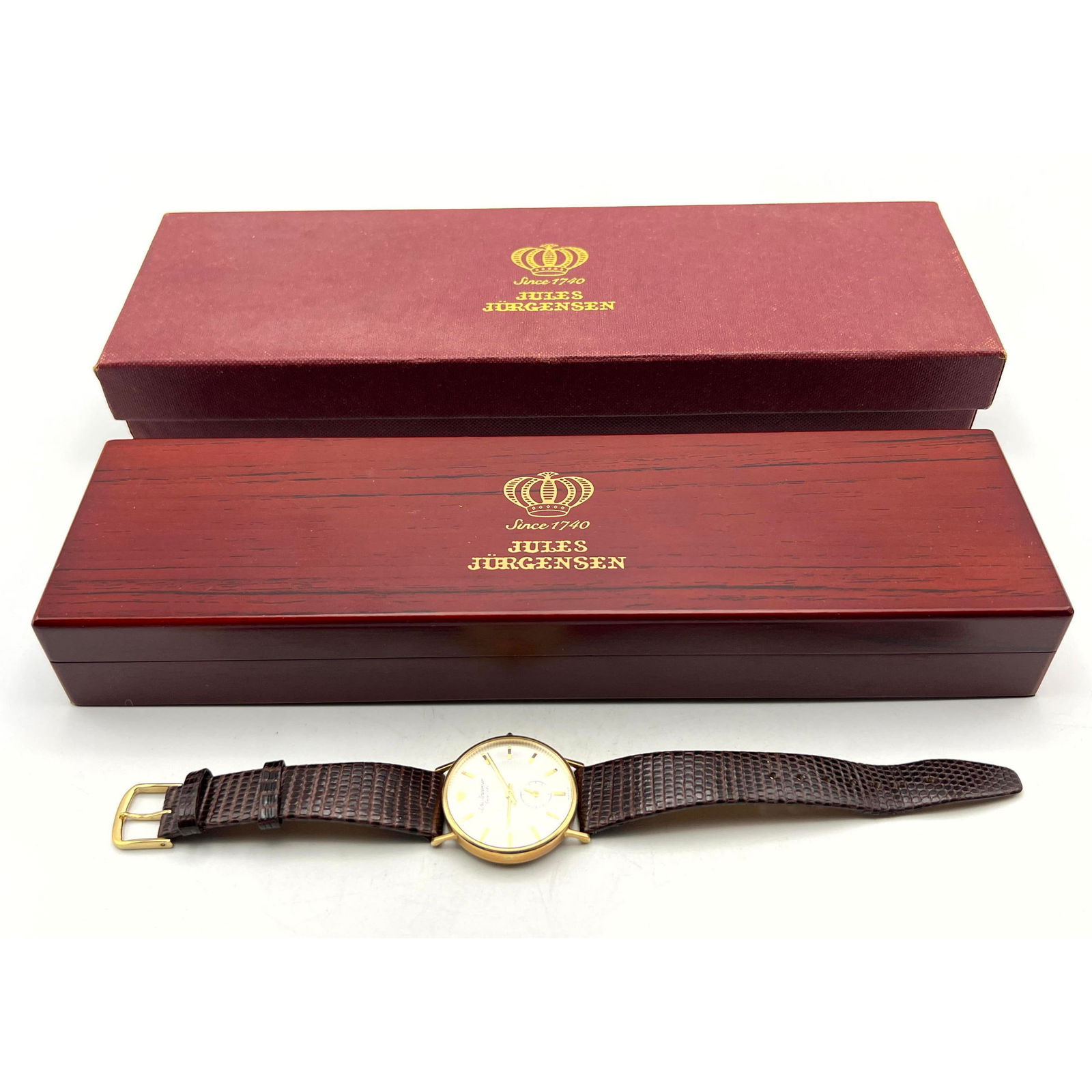 JULES JURGENSEN 14K Gold Case Vintage Watch. Face has Separate Second Hand Dial. Brown lizard band. (1 of 14)