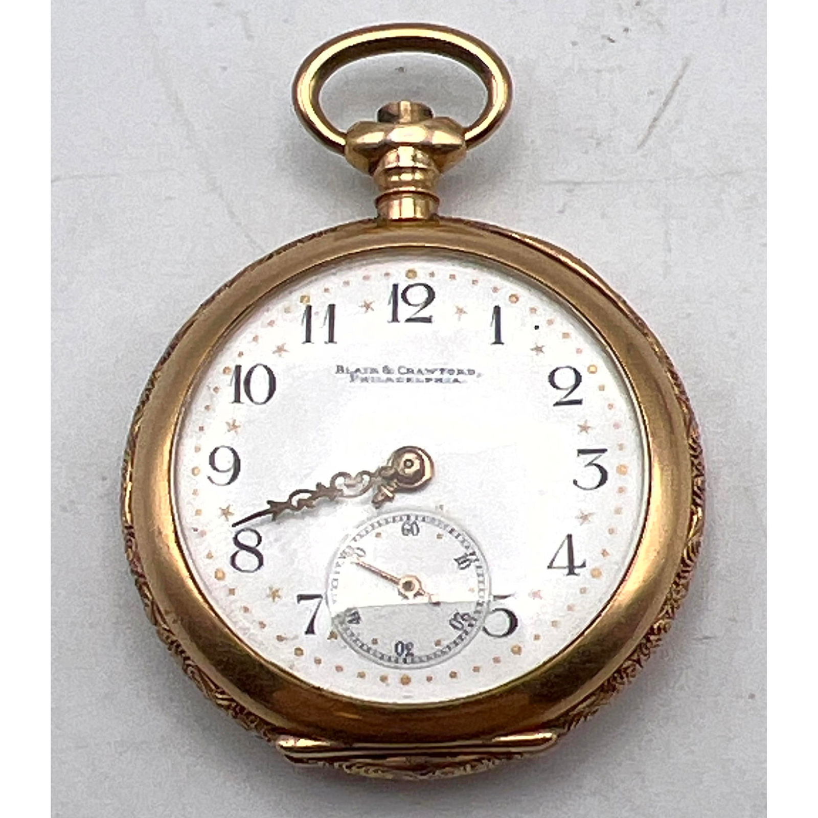 BLAIR and CRAWFORD 14K Gold Open Face Pocket Watch. Engraved Monogramed Case. Marked 14K. (1 of 10)