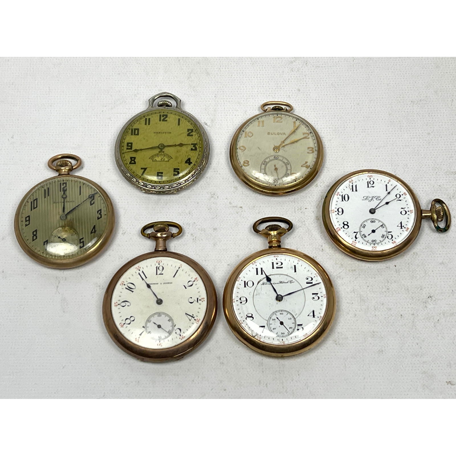 Lot 6 Pocket Watches. Marston and Seaman, Hamilton, Hampden, L.J., Bulova, South Bend. (1 of 20)