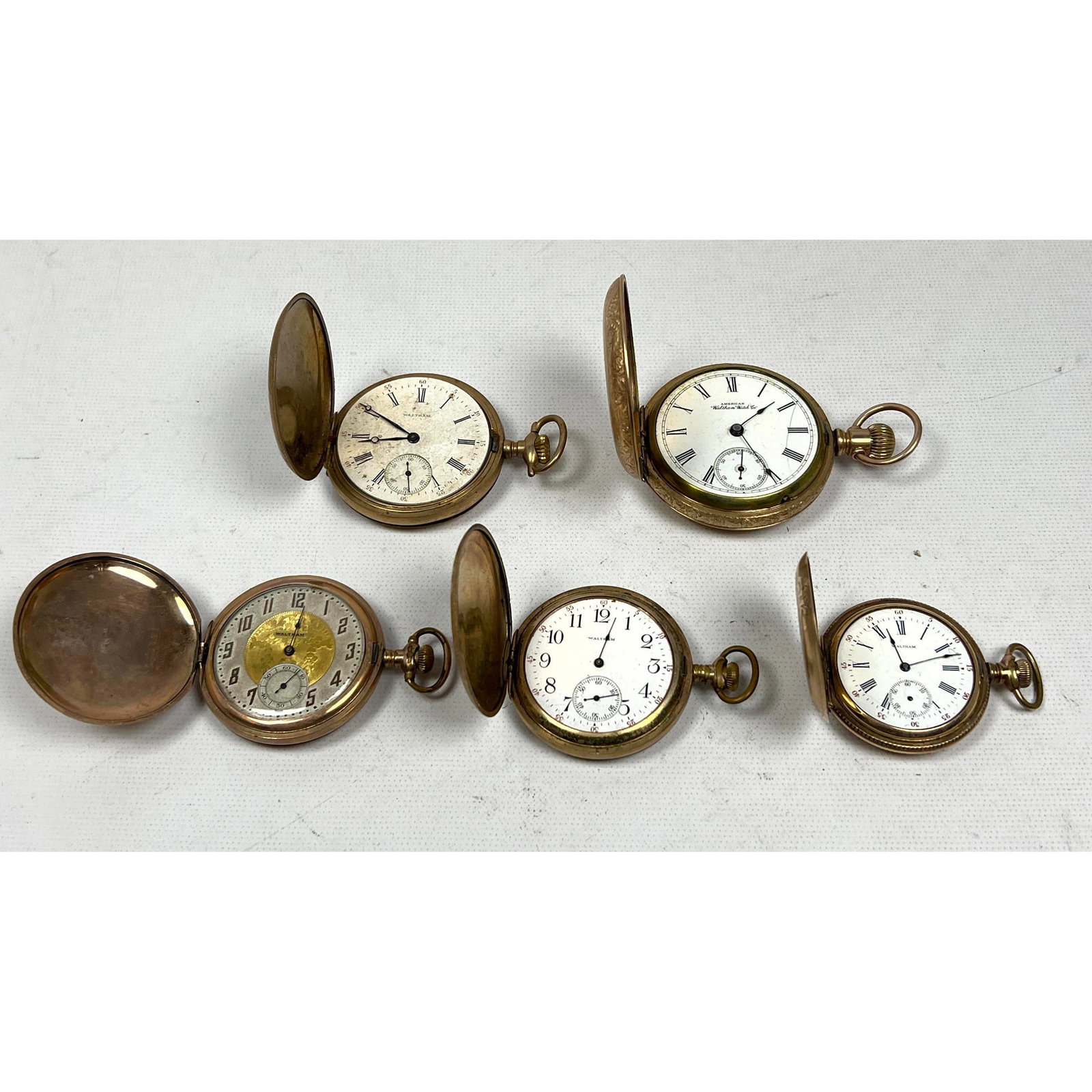 Lot 5 American Waltham Closed Face Pocket Watches. Engraved cases,: Lot 5 American Waltham Closed Face Pocket Watches. Engraved cases, Dimensions: Height: 3 inches, Width: 2.25 inches, Depth: .50 inches. --- US Packing and Shipping charge: $35 Plus insurance at a rate