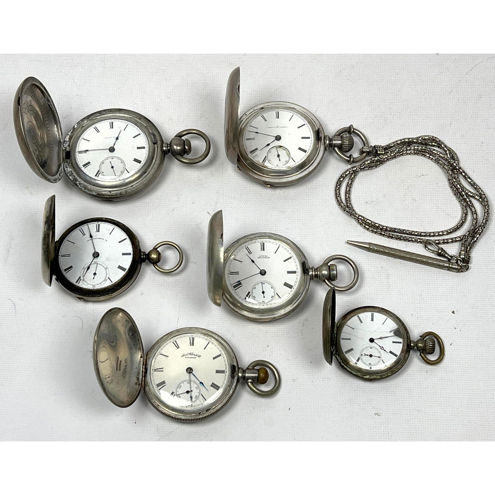 Lot 6 Large Coin Silver Pocket watches. Waltham Key Wind, American Key Wind, Waltham Key Wind, Elgin (1 of 19)