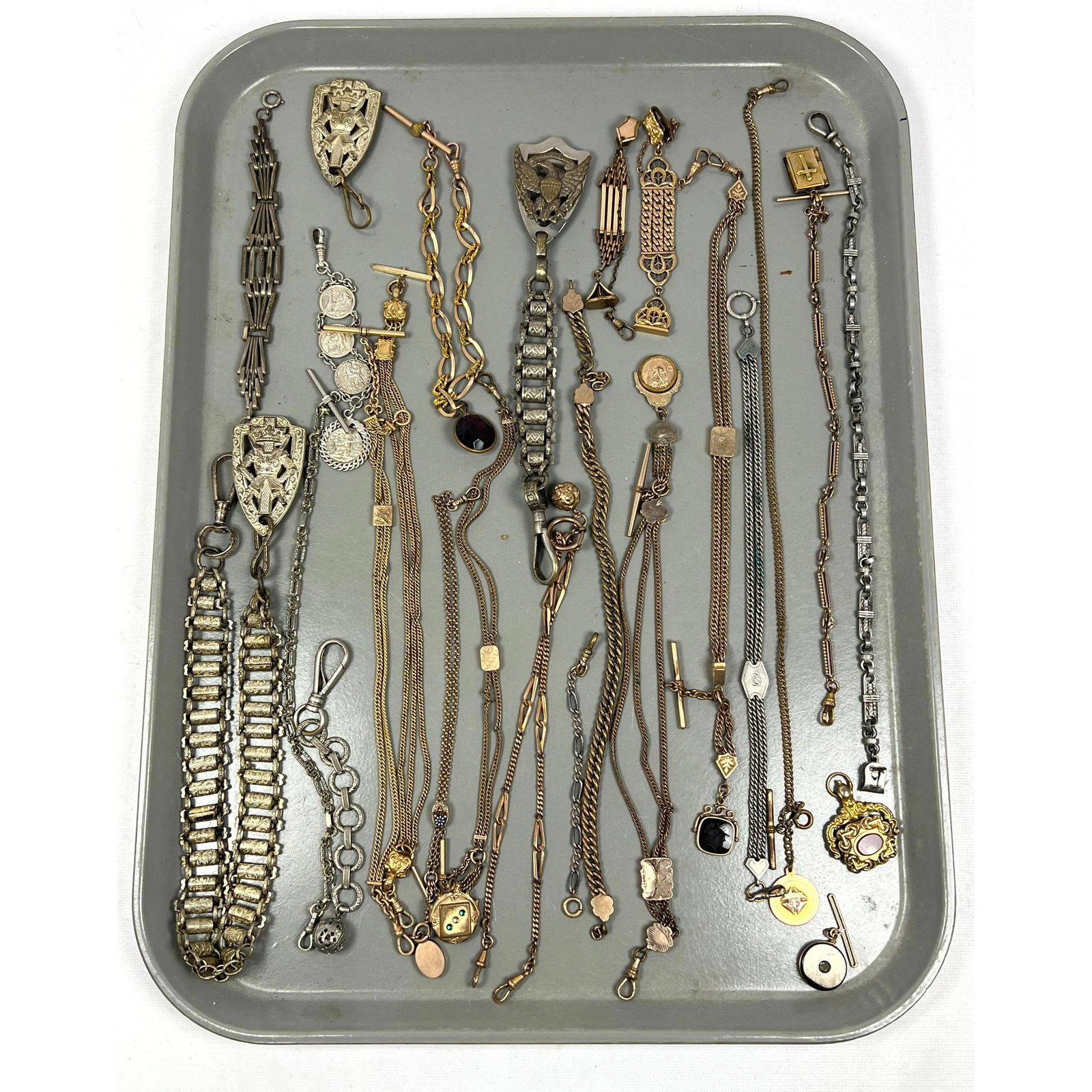 25pcs Fancy Pocket watch Chains with Charms and Slides. Carved Agate, Coins, Lockets, (1 of 20)