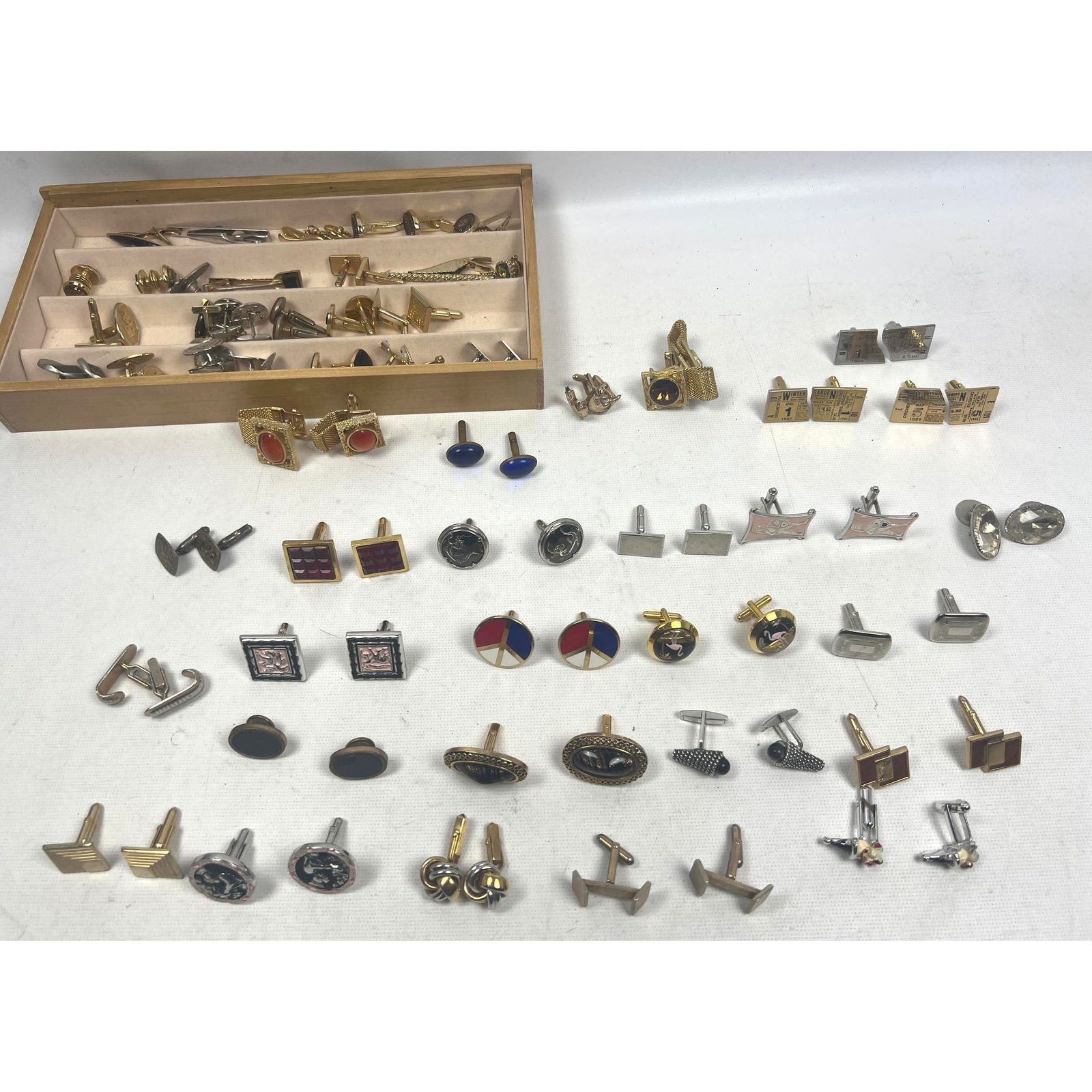 Large Collection of Vintage Cuff Links and Tie Bars. AT least 43 pair of Cuff Links. Some Enamel; St (1 of 9)