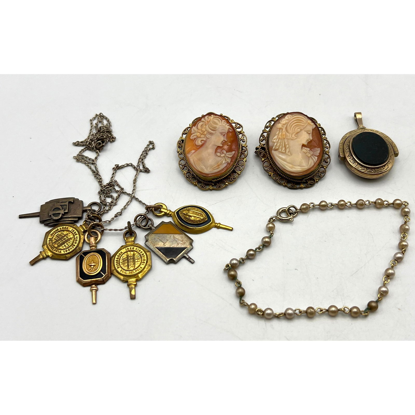 Vintage Jewelry Lot. Blood Stone Gold Fill Watch Fob. Two Carved Shell Cameos. Six Sterling and G/F (1 of 18)
