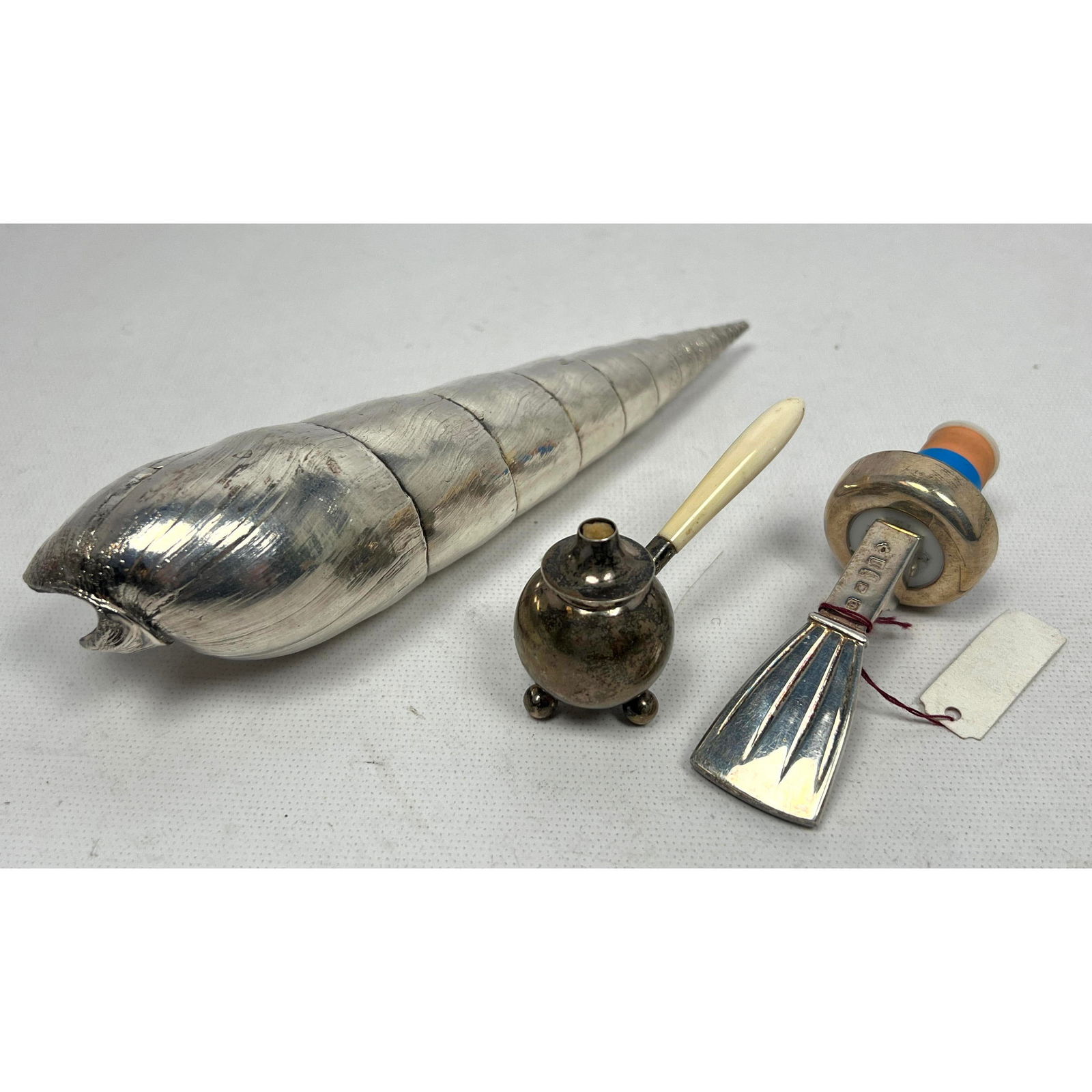 3pcs Sterling Objects. Aspey Lever Bottle Stopper. Tiffany Table Lighter, Coated Natural Shell. (1 of 13)