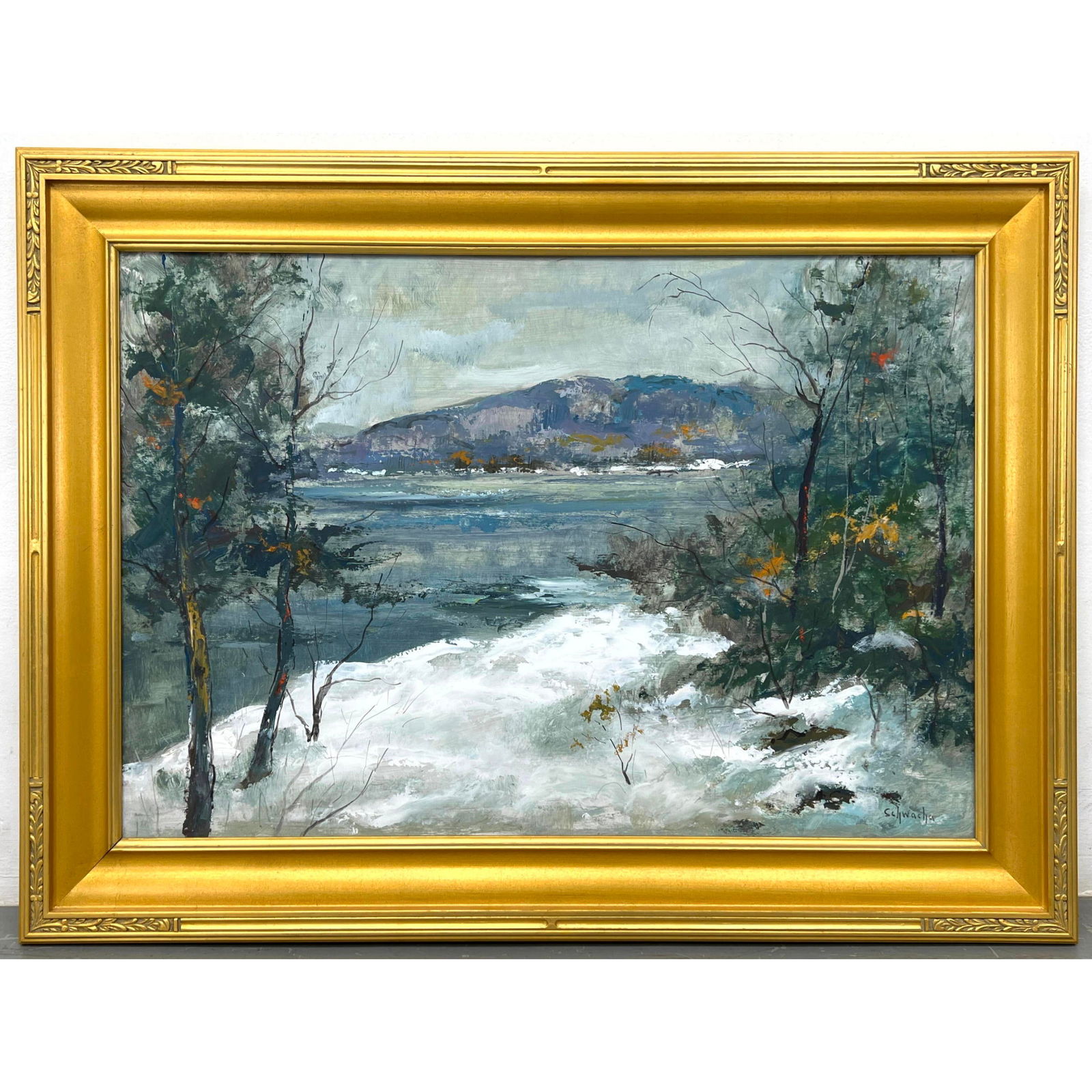 George Schwacha Framed oil painting on board. Winter mountain landscape. Signed front and verso. (Am (1 of 7)