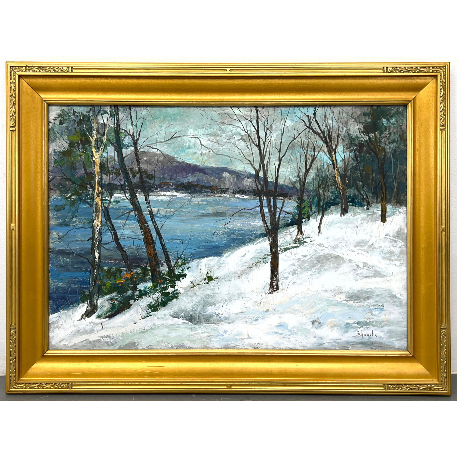 George Schwacha Framed oil painting on board. Winter river landscape. Signed front and verso. (Ameri (1 of 8)