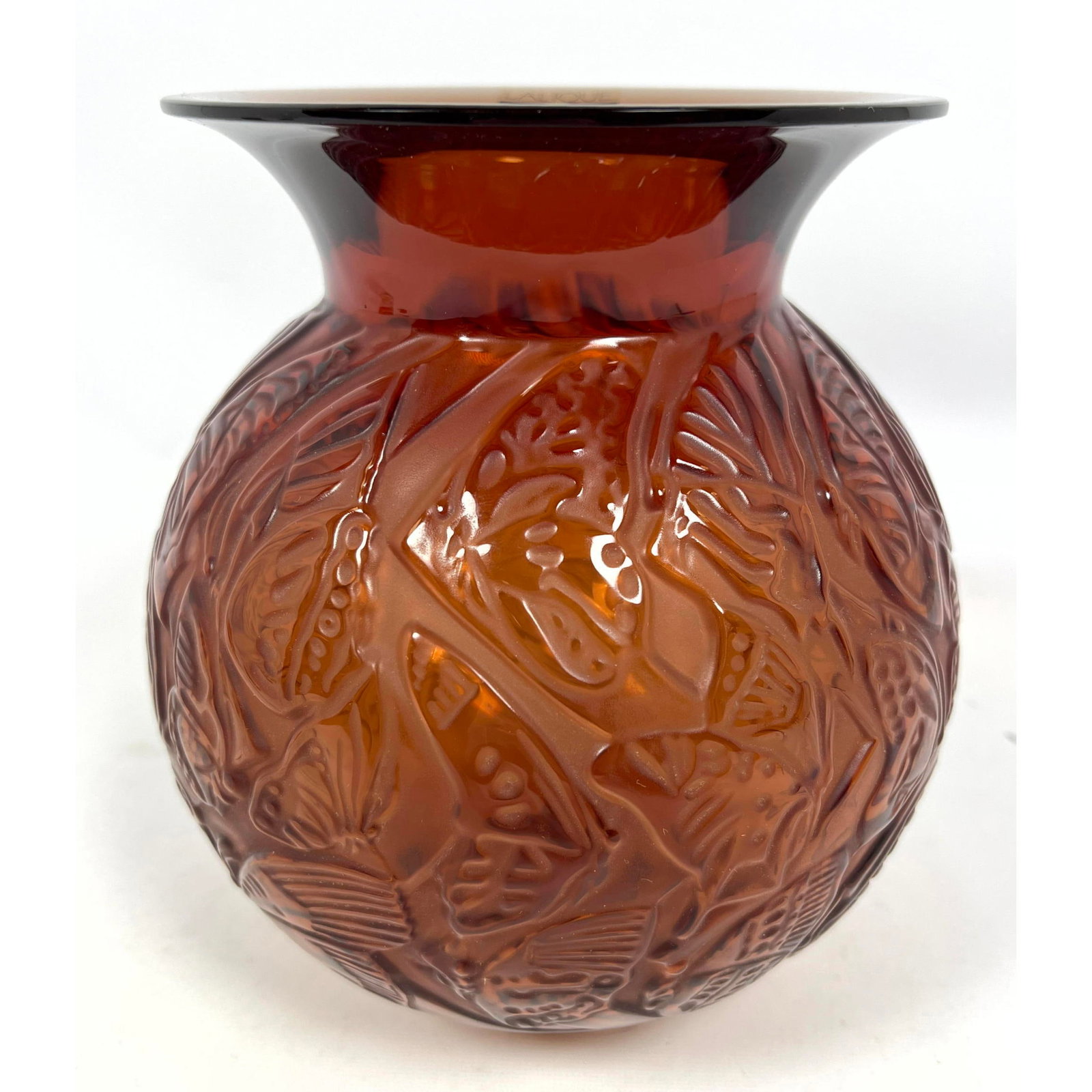 LALIQUE France Amber Nymphale vase. Flared rim. Signed and labeled.: LALIQUE France Amber Nymphale vase. Flared rim. Signed and labeled. Dimensions: Height: 8.5 inches, Width: 6.125 inches, Depth: 6.125 inches. --- US Packing and Shipping charge: In house shipping avai