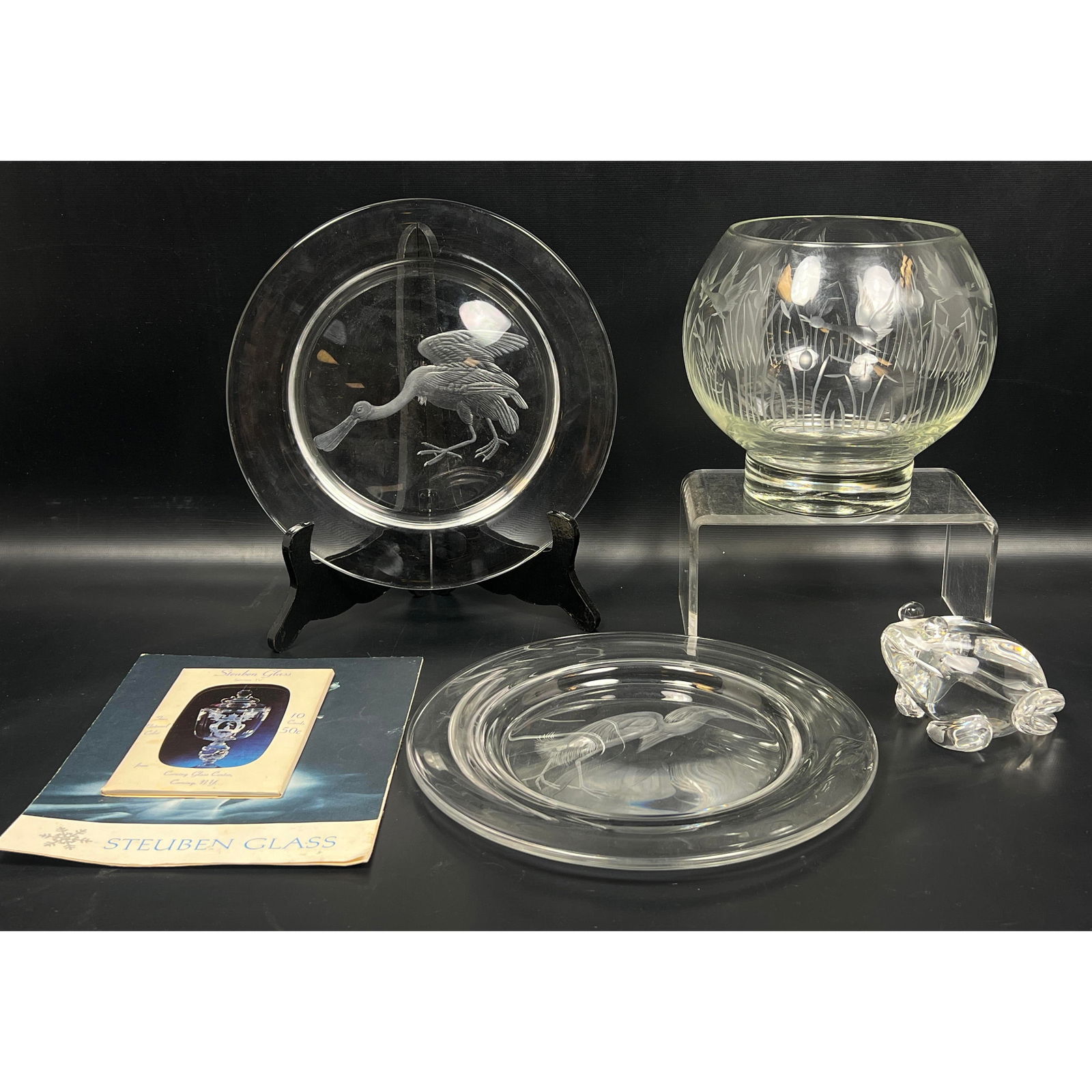 4pcs Lot. Steuben Crystal Frog. Hawkes Rose Bowl, 2 Steuben Carved Dishes. (1 of 14)