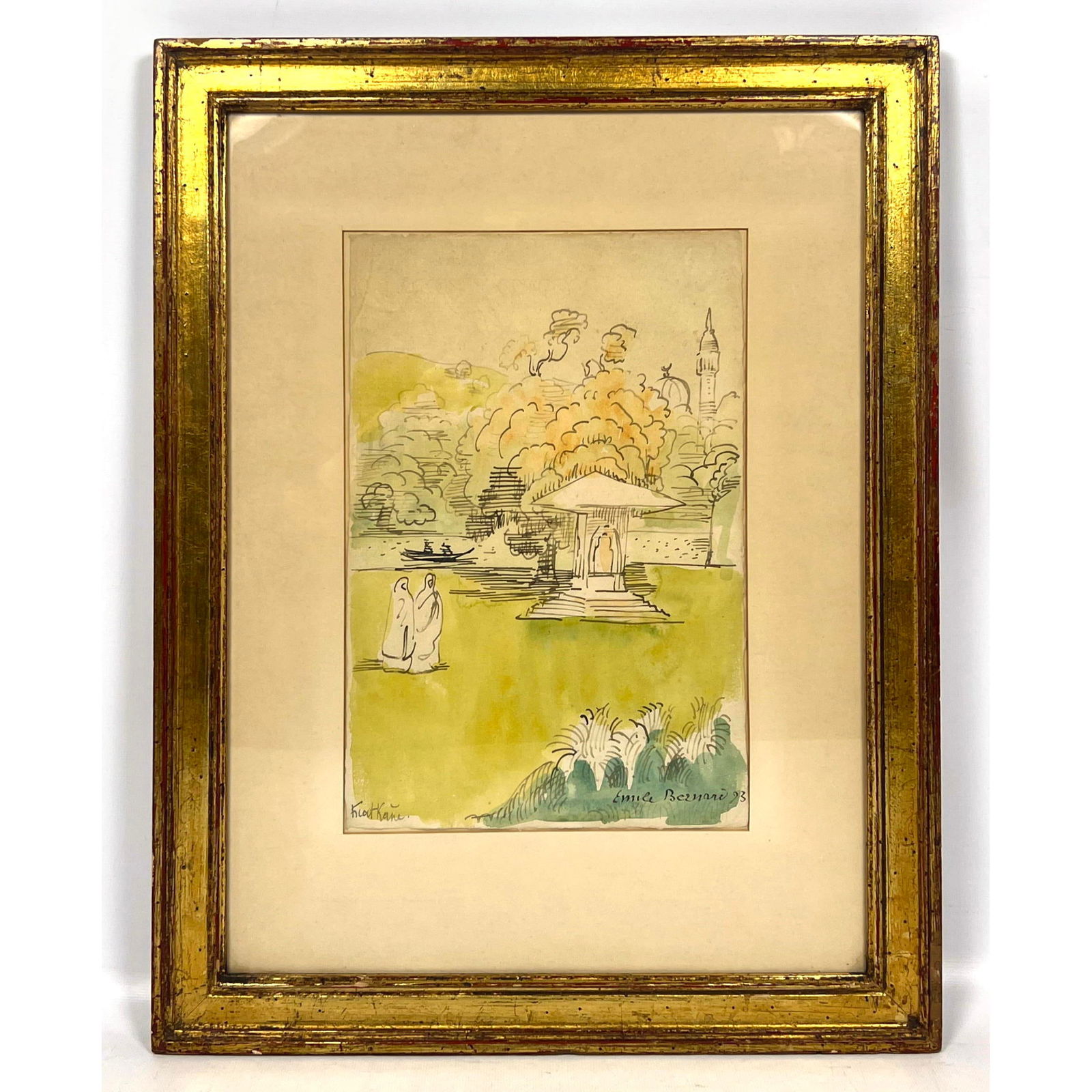 EMILE BERNARD watercolor and ink painting. Dated 1923.: EMILE BERNARD watercolor and ink painting. Dated 1923. Dimensions: Frame Height: 18.5 inches, Frame Width: 15 inches. - Image Size: Image Height: 11 inches, Image Width: 7.75 inches. ---