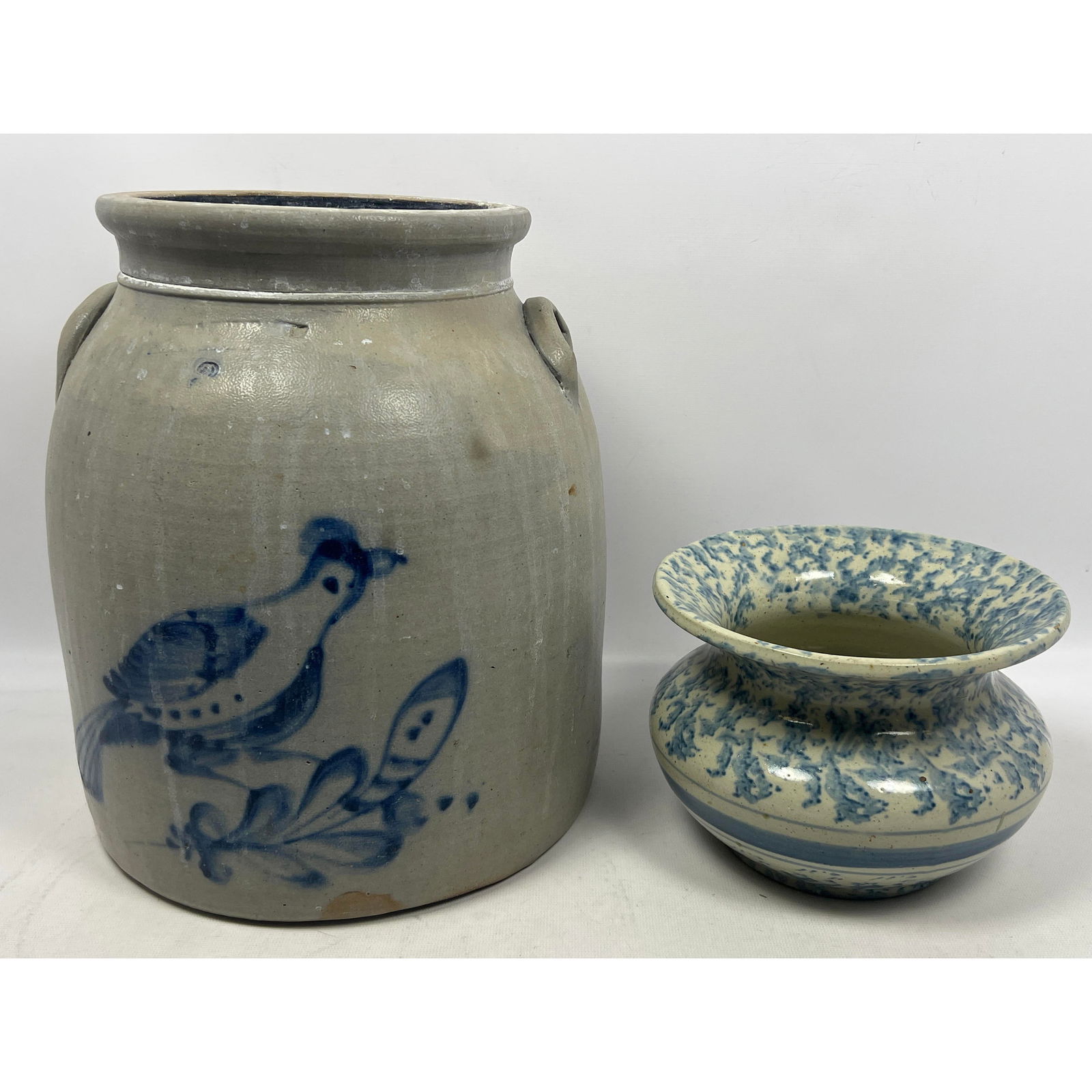 2pcs Stoneware. Spittoon and Blue decorated Crock/ Bird decoration. (1 of 16)