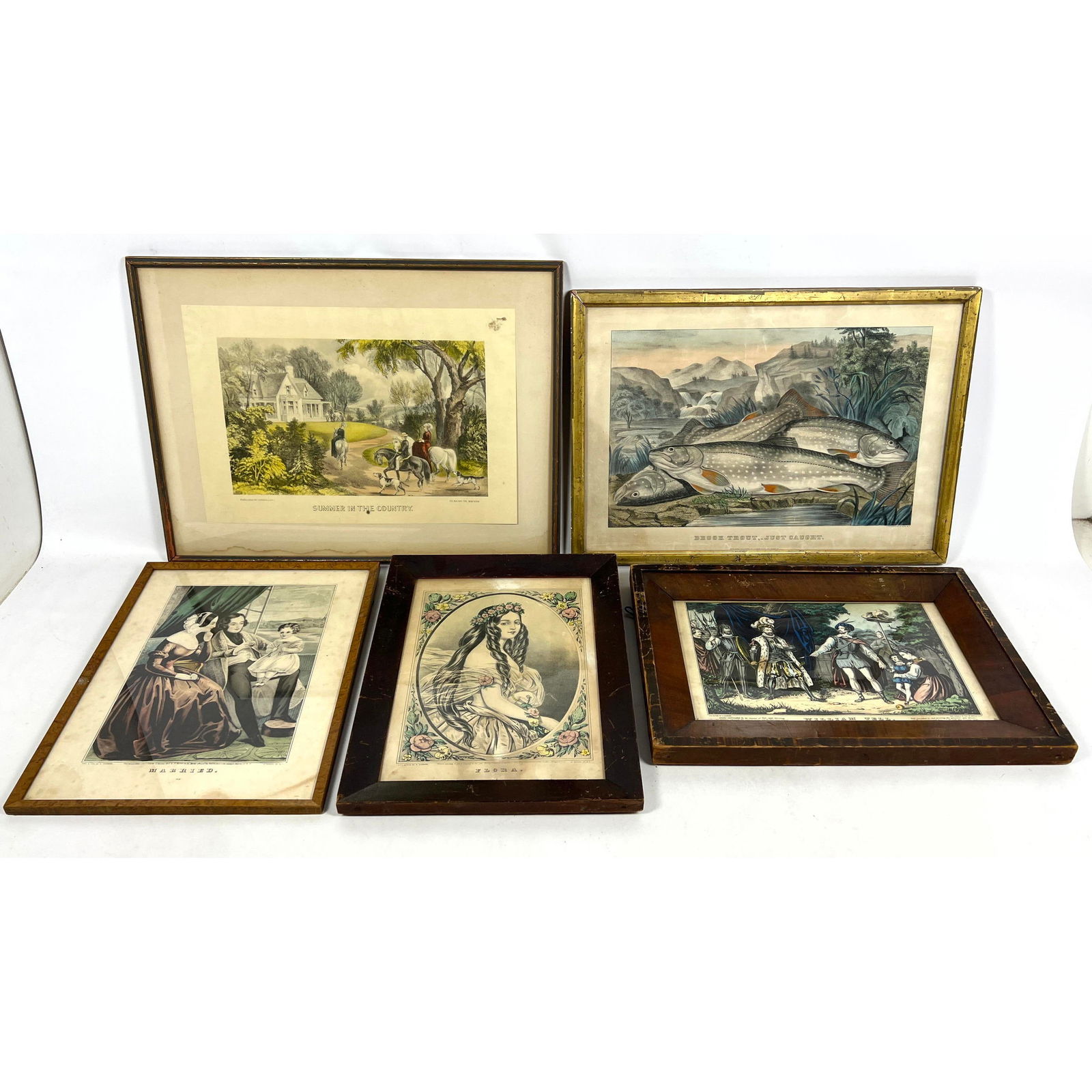 5pcs Vintage Antique Prints and Etchings. Currier and Ives - Brook Trout Just Caught, Summer in the (1 of 20)