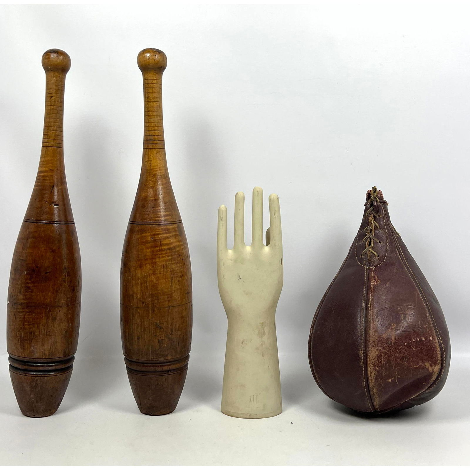 Mixed Vintage Lot including Sports. Pr Wood Juggling Pins. Vintage Leather Boxing Speed Bag. IRUPE I (1 of 16)