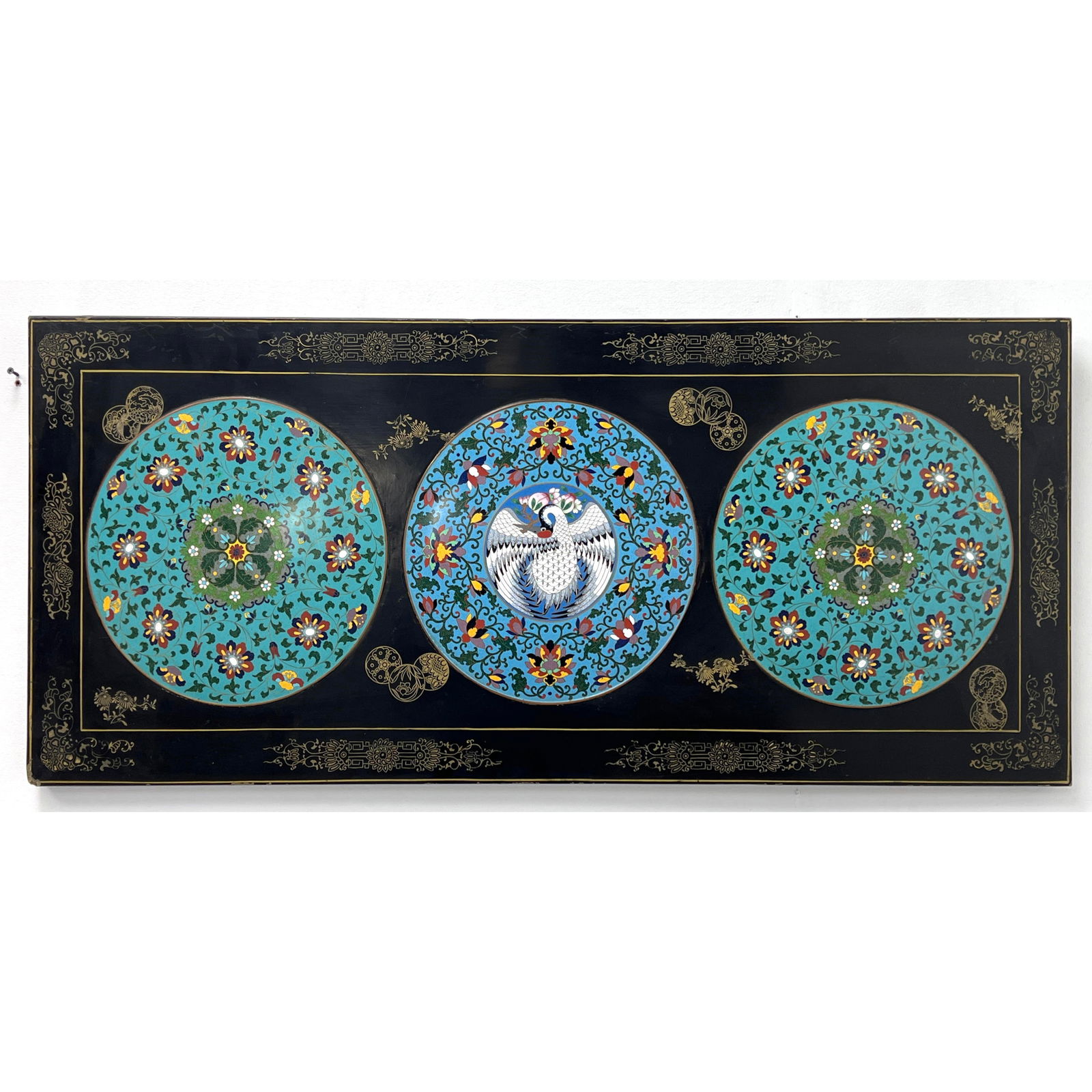 Chinese Lacquer and Cloisonne Wall Plaque. Chinese Lacquered Wood and Cloisonne Table Top. Mounted t (1 of 8)