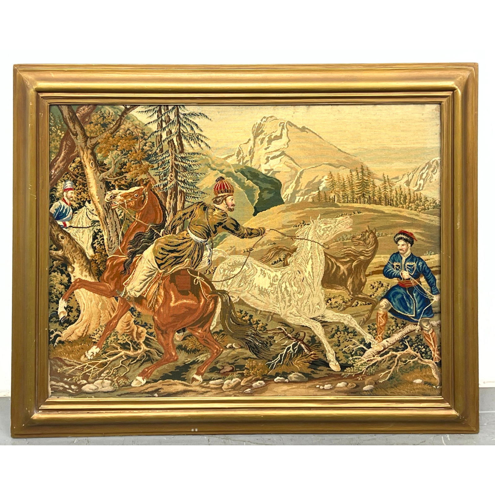 Framed Antique Needlework Tapestry. Riders on horseback. Waller and Kreps. Very detailed. (1 of 7)