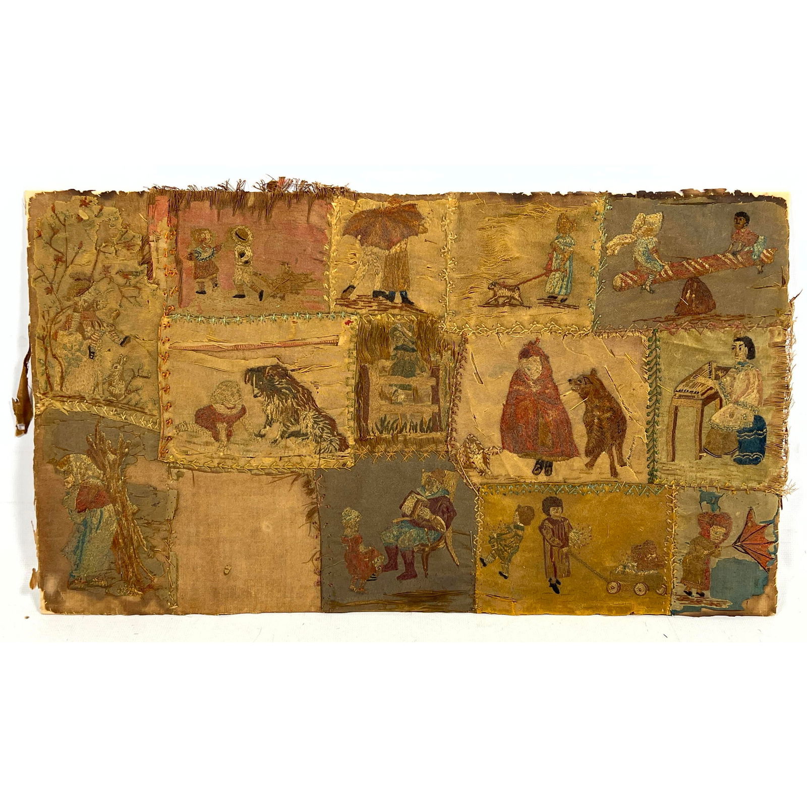 Assembled Patchwork Panel of Antique embroidery. Rare Antique Needlework Textile depicting various c (1 of 7)