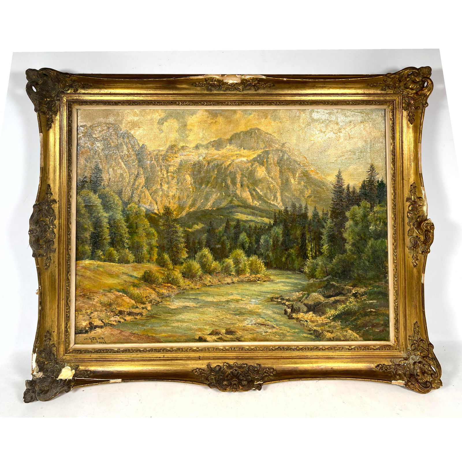 Signed Vintage Mountain Landscape Painting. Stream with lush green trees and mountains in background (1 of 9)