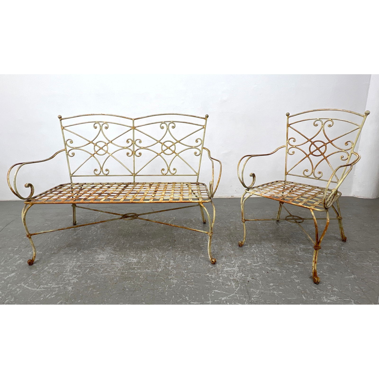 2pc Decorative Iron Outdoor Set. Love Seat and Arm Chair. Modernist Decorative Backs. Outdoor Garden (1 of 14)