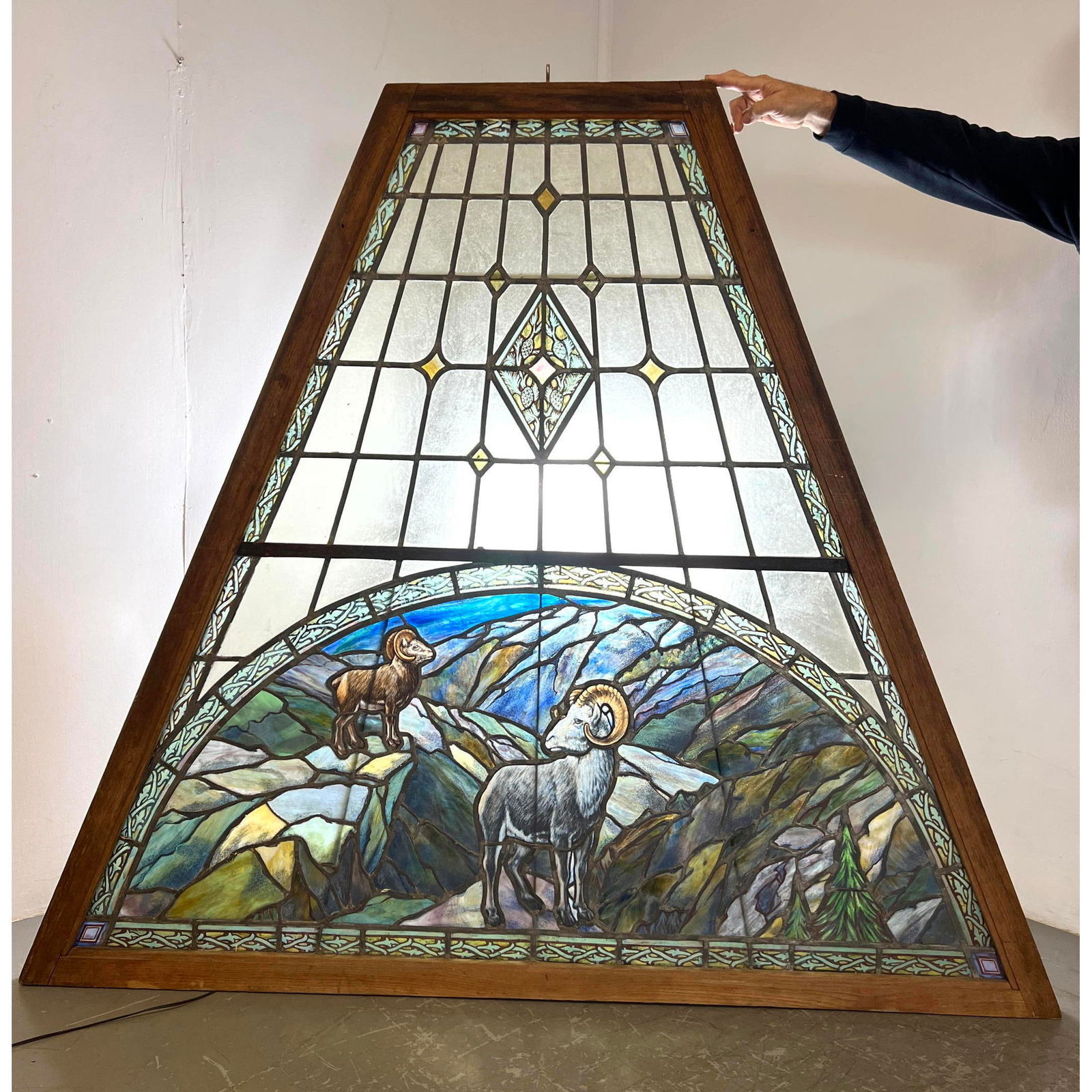 Large Antique Leaded Stained Glass Window. Shaped frame. Decorated with Rams. (1 of 9)