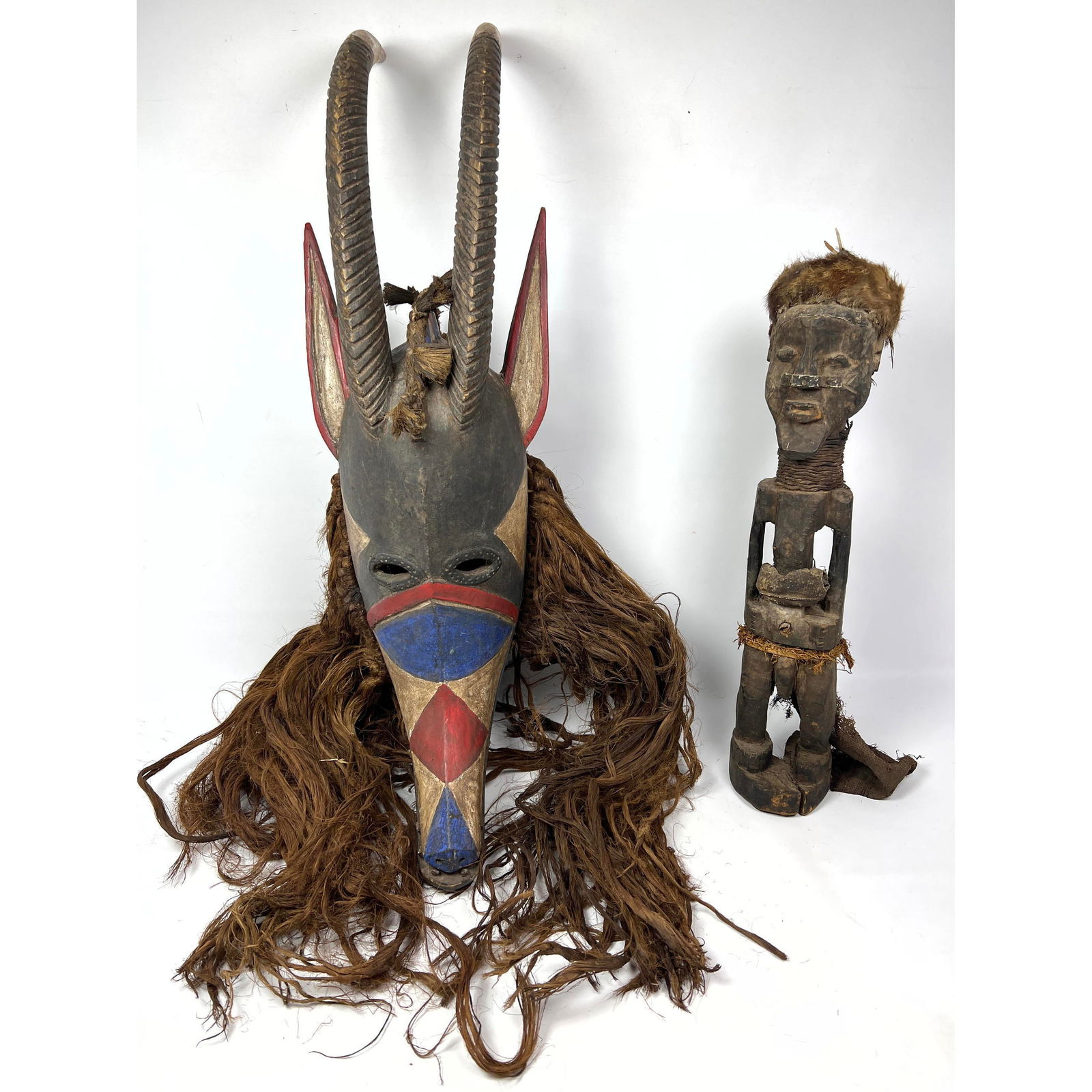 2pc Carved Wood African. Large Painted Mask with Carved Horns and Fibers. Smaller Carved Figural Scu (1 of 15)