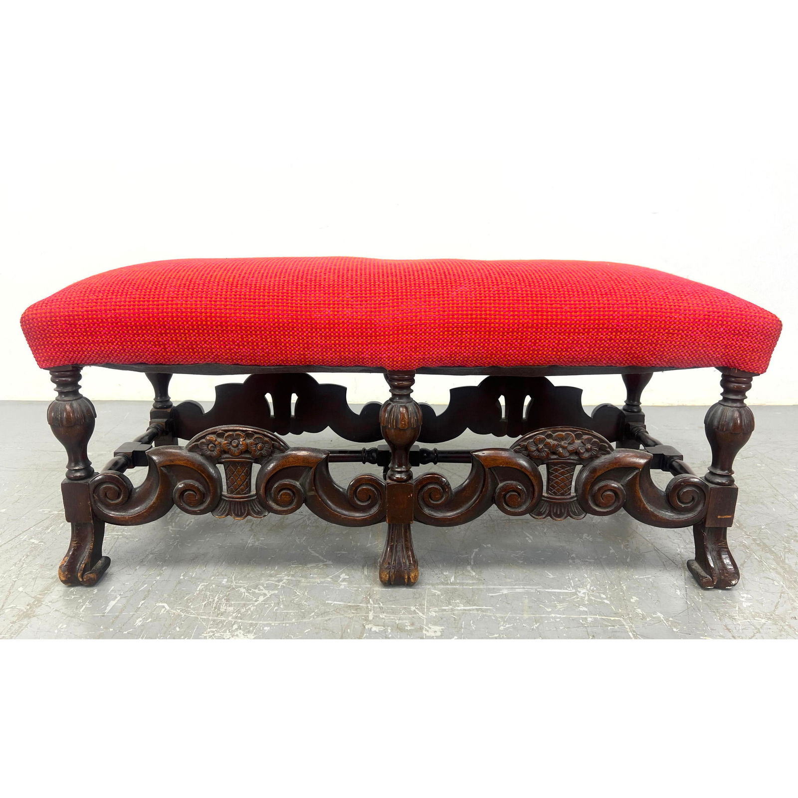 Vintage Heavily Carved Gothic Upholstered Bench. (1 of 13)