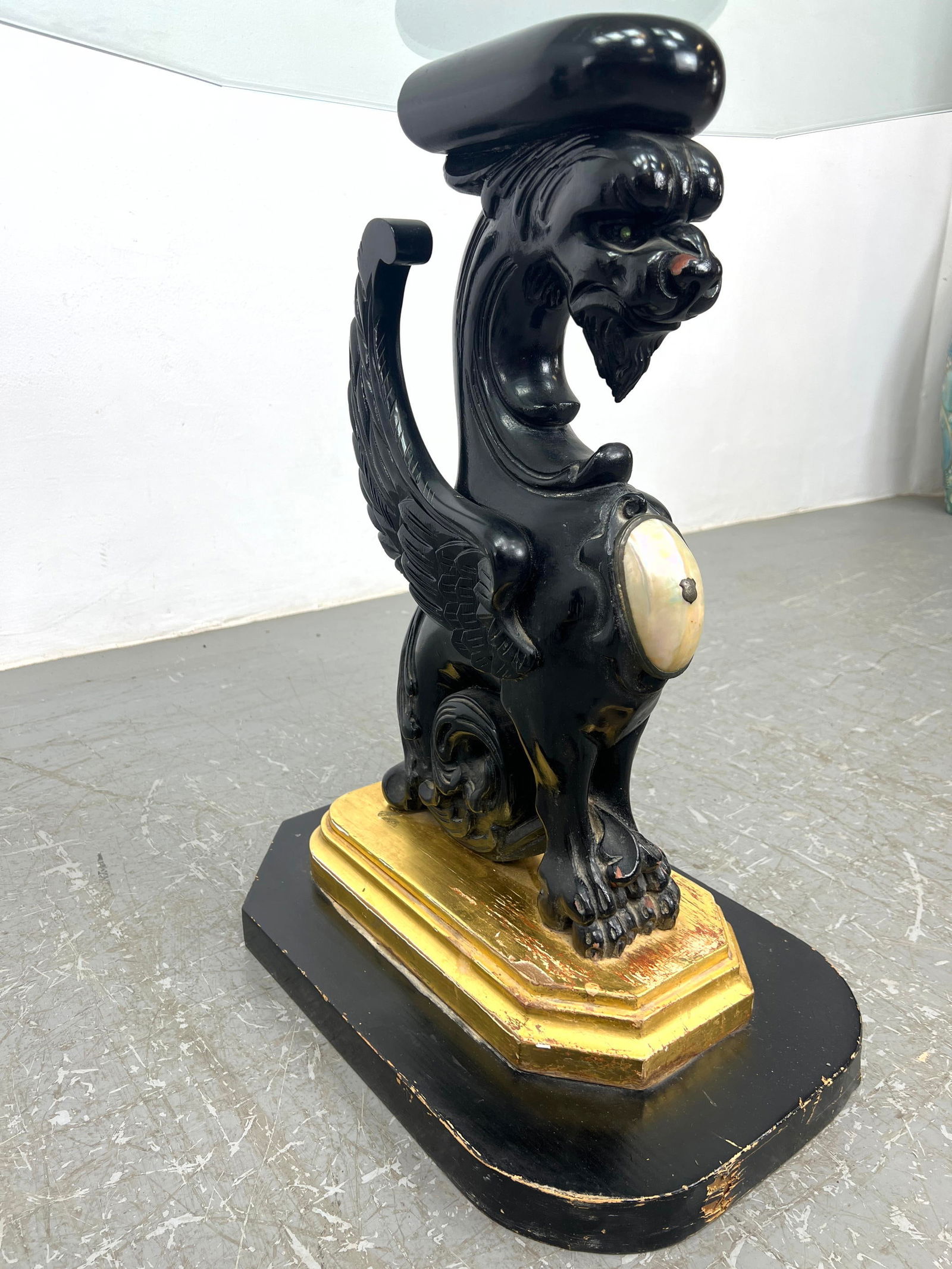 Pair Carved Wood Griffin Base Side Tables with Shaped Glass Tops. Vintage Winged Griffin figures wit (1 of 20)