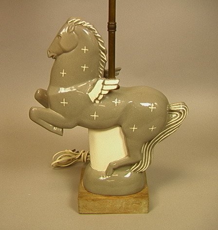 WAYLANDE GREGORY Attrib. Figural Horse Lamp. Wing: WAYLANDE GREGORY Attrib. Figural Horse Lamp. Winged horse in gray and cream glazes. Pottery. Ceramic. Unmarked. Attributed to Waylande Gregory.-- Dimensions: ---