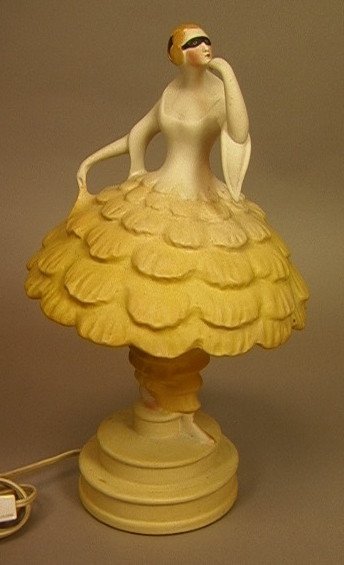 Art Deco Porcelain Figural Lamp. Shade is Masked: Art Deco Porcelain Figural Lamp. Shade is Masked Lady with Petal Pouf Yellow Skirt. Tiered Base. Carnival. Unmarked.-- Dimensions: H: 14 inches: W: 8 inches --- US Shipping charge: $28