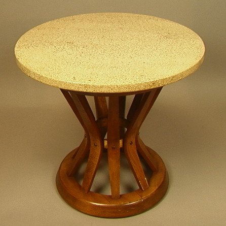 DUNBAR Side Table with Marble Top. American Moder: DUNBAR Side Table with Marble Top. American Modern walnut corseted form Table. Brass collar. Unmarked.-- Dimensions: H: 15 inches: W: 17 inches ---
