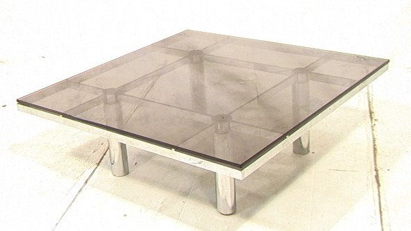 KNOLL GAVINA Glass TOBIA SCARPA Chrome Table. 4 t: KNOLL GAVINA Glass TOBIA SCARPA Chrome Table. 4 thick tubular steel legs. Square top with chrome grid construction. Smoked glass top. Italy 1960's. Unmarked.-- Dimensions: H: 15.5 inches: W: 45 inches