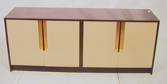 70's Modern Credenza Sideboard Cabinet Painted Br: 70's Modern Credenza Sideboard Cabinet Painted Brown & White with Recessed Handles. Doors have piano hinges. Carl Springer style.-- Dimensions: H: 28.5 inches: W: 72 inches: D: 18 inches ---