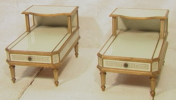 Pr Decorator Step Tables. Glass inset. Eglomise m: Pr Decorator Step Tables. Glass inset. Eglomise mirrored panels. Regency style.-- Dimensions: H: 24 inches: W: 23 inches: D: 33 inches ---