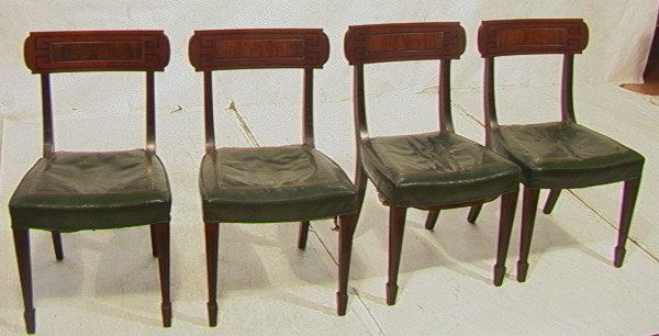 Set 4 Klismos Style Dining Chairs by Kittinger.: Set 4 Klismos Style Dining Chairs by Kittinger. Rosewood Panels. Green leather seats.-- Dimensions: H: 33 inches: W: 19 inches: D: 21 inches ---