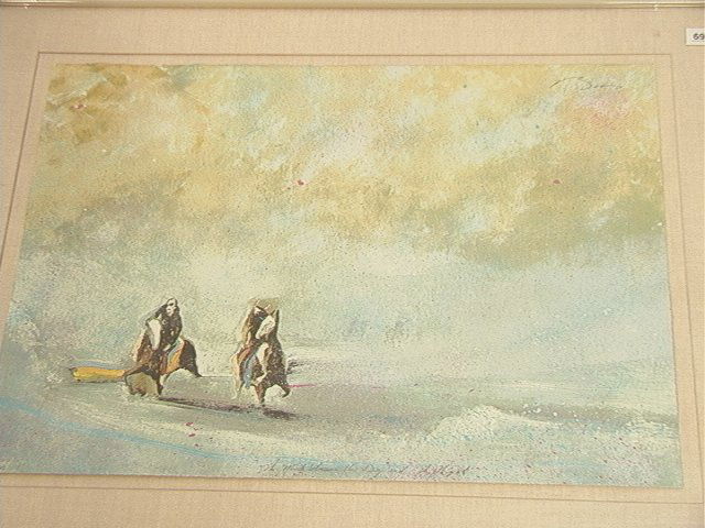 EARL BISS Serigraph Print. "Mist Between the Day: EARL BISS Serigraph Print. "Mist Between the Day & Night. Two people on Horseback. Martin Lawrence Galleries Label on verso. Signed. 123/170.-- Dimensions: Image Size: H: 21.5 inches: W: 29.25 inches