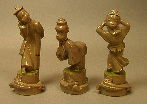 Set 3 ART DECO Ceramic Pottery Asian Figures. Thr: Set 3 ART DECO Ceramic Pottery Asian Figures. Three stylized sculptures of Chinese Figures. Man with Fan.Lady with Hat. Lady with scarf. All marked.-- Dimensions: H: 8.5 inches: W: 3 inches --- US Shi