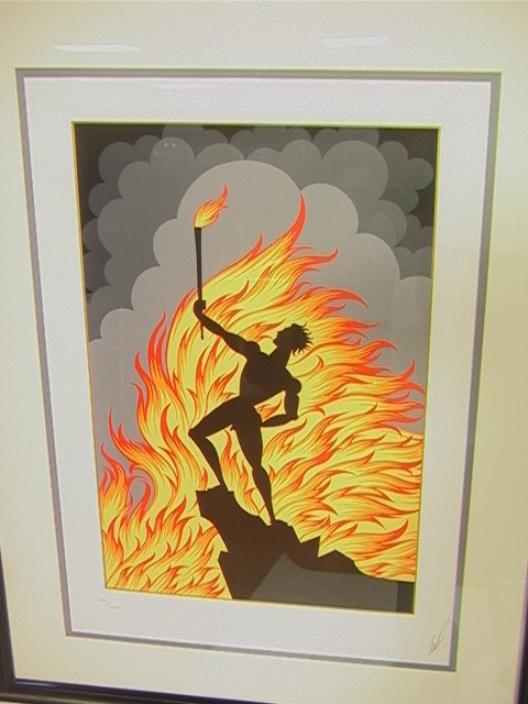 ERTE Silkscreen Print "Fire". From Elements Serie: ERTE Silkscreen Print "Fire". From Elements Series. Man on Mountain Top holds fire tirch in front of flames and smoke. Pencil Signed; 173/175.-- Dimensions: Image Size: H: 20.5 inches: W: 13 inches --