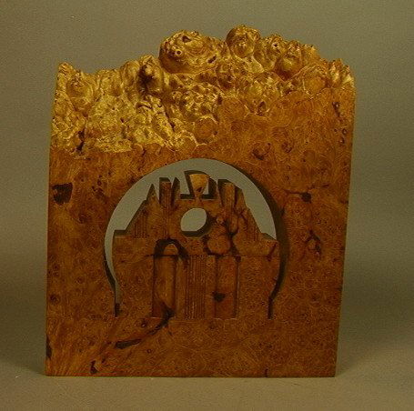 MICHAEL ELKAN Studio Burl Wood Jewelry Box. Archi: MICHAEL ELKAN Studio Burl Wood Jewelry Box. Architectural Box with natural burl Top. Lidded hiding spot. American Craft Studio Woodworker. Signed on bottom.-- Dimensions: H: 14.5 inches: W: 12.5 inche