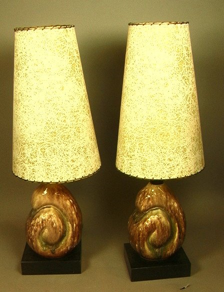 Pr 60's Modern Pottery Ceramic Table Lamps. Drip: Pr 60's Modern Pottery Ceramic Table Lamps. Drip brown, green & white glaze. Original matching shades. Black wood base.-- Dimensions: H: 28.5 inches: W: 10 inches: D: 10 inches ---