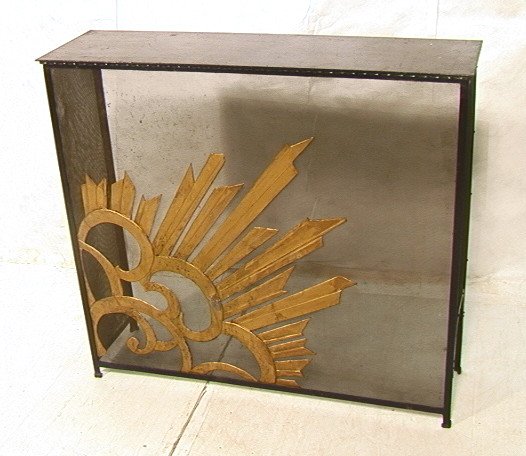 Heavy Iron ART DECO Console. Black iron frame wit: Heavy Iron ART DECO Console. Black iron frame with screen. Gold painted sunburst design. -- Dimensions: H: 38.25 inches: W: 42.5 inches: D: 12 inches ---