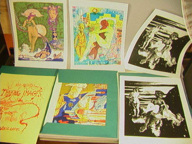 LEO RUSSELL Thinking Images Print Portfolio. Two: LEO RUSSELL Thinking Images Print Portfolio. Two folios. THINKING IMAGES Folio has 9 colored serigraphs #53/200. PRIMAGENIAL folio has artist's proofs. -- Dimensions: Image Size: H: 18.5 inches: W: 14